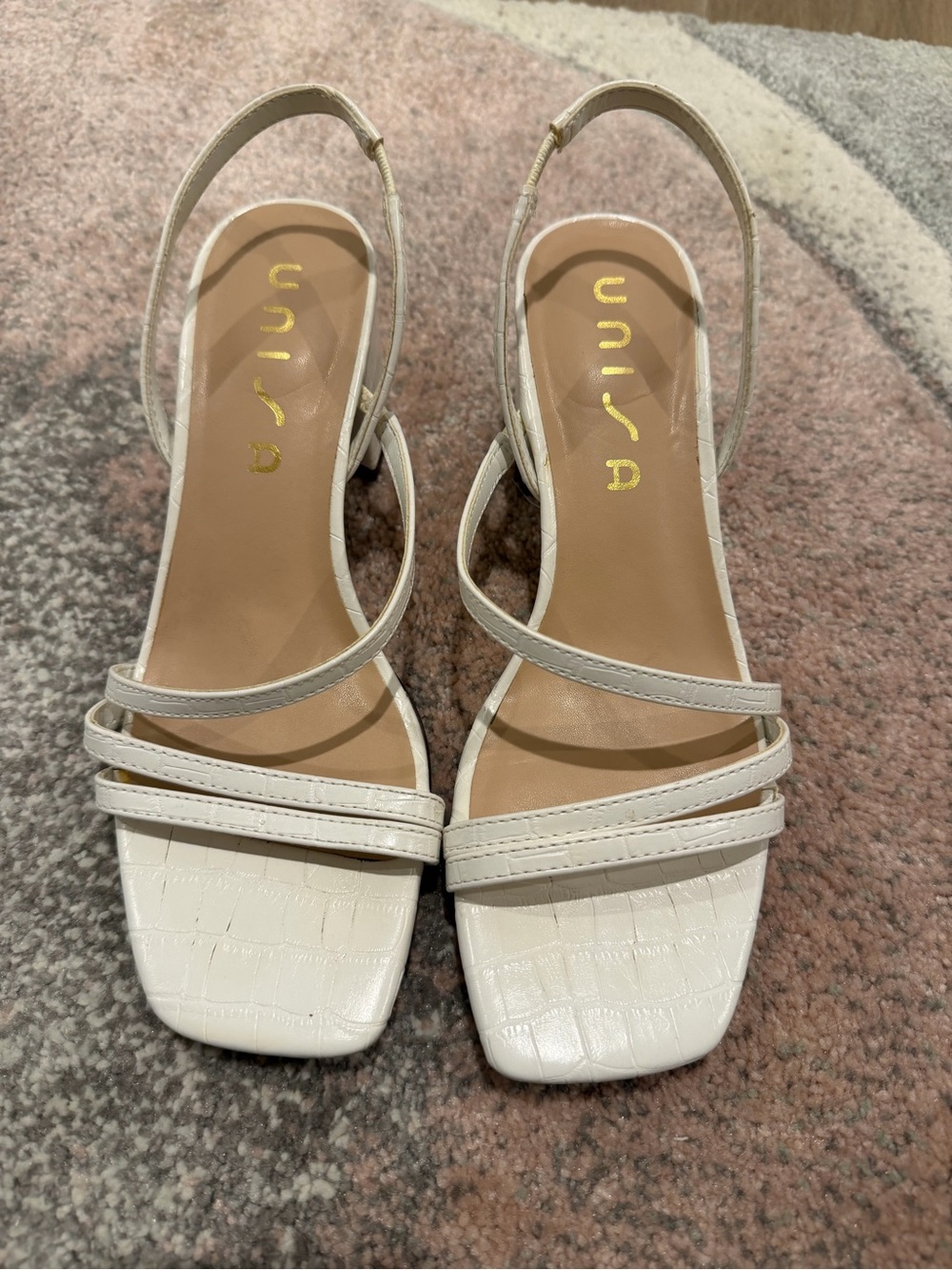 Unisa Cream Croc-Embossed Strappy Slingback Heels